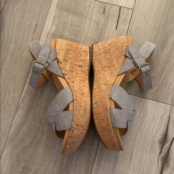 Kork-Ease Gray Suede Leather + Tan Crisscross Ankle Strap Cork Wedge Sandals - Picture 5 of 9